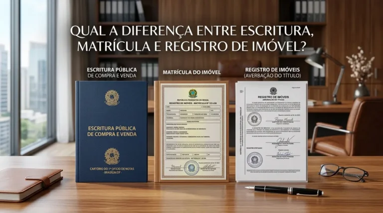 Diagrama explicativo da diferença entre escritura, matrícula e registro de imóvel para regularização