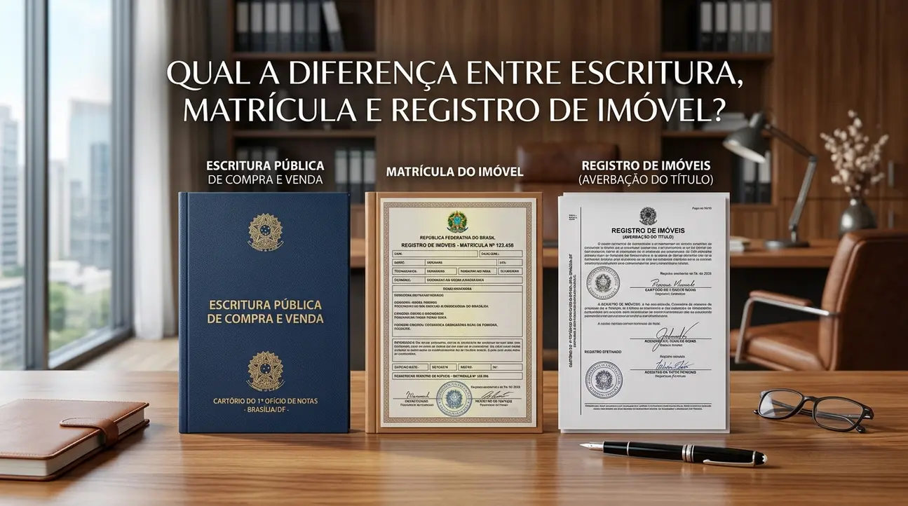 Diagrama explicativo da diferença entre escritura, matrícula e registro de imóvel para regularização